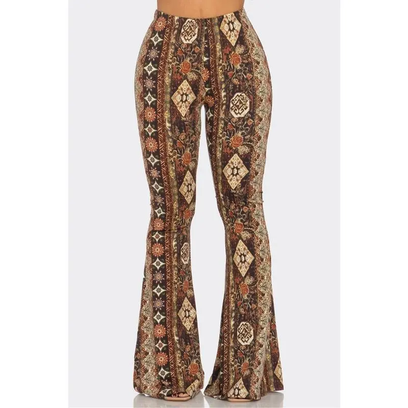 Bear Dance Boho Diamond Floral Skinny Brushed Pants - Brown