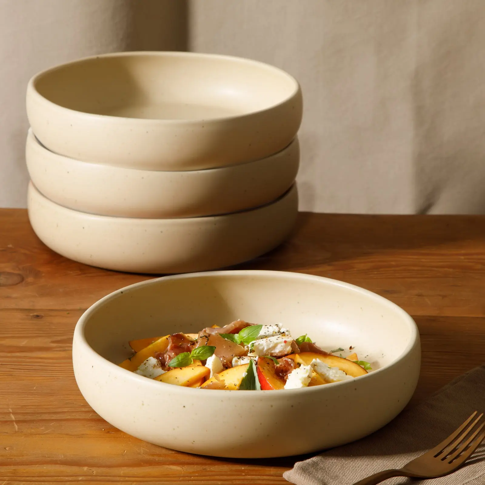 Corsica Clay - 4-Piece Pasta Bowl Set - Reactive Glaze Stoneware - Cappucino Cream