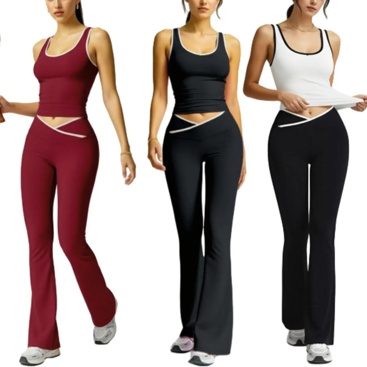 Women High-Waisted Yoga Outfit 2-Piec Colorblock Design Flared Pants & Tank Top Stretchy Fabric for Women's Fitness