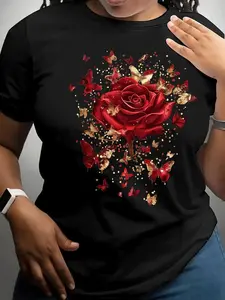 [tiktok shop deals]Shirts Women Women'S Black Rose and Butterfly Graphic T-Shirt, Short Sleeve Crew Neck Casual Top with Red Roses and Golden Butterflies, Machine Washable - Perfect for Spring Summer, Butterfly Shirt Vintage Graphic Tees Fit Streetwear Co