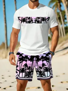 Men's Summer Vacation Beach Tropical Coconut Tree Print Short Sleeve T-Shirt and Shorts Set, Casual Fitted Two-Piece, Above Knee Length