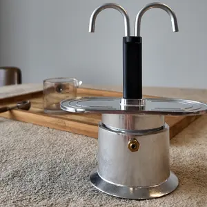 2-cup double-headed silver aluminum moka pot, espresso maker, with a round base for easy carrying, stove-top compatible (holiday, Christmas, birthday gift)