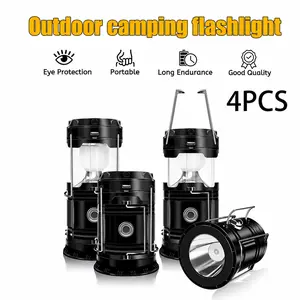 4pcs foldable and portable solar-powered LED camping lantern with handle, Handheld USB rechargeable, flashlight survival kit, suitable for indoor use, home emergency lighting during power outages, hiking, hurricanes, festivals, parties and parades Gift