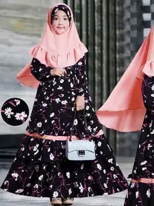 Girls Muslim Dress Set, Long Sleeve Round Neck Dress + Headscarf, Spring & Fall Clothing, Two-Piece