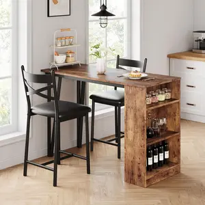 3-Piece 36" Wooden Counter-Height Dining Set w/2 Stools & Storage – Space-Saving Kitchen/Bar Table for Breakfast Nook (Rustic Brown)