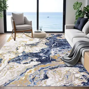 GARVEE Ultra-Thin 9'x12' Abstract Marble Area Rug, Low Pile Machine Washable Rug Non Slip Modern Marble Rug, Ideal for High Traffic Areas in Living Room Bedroom Kitchen Dining, Blue