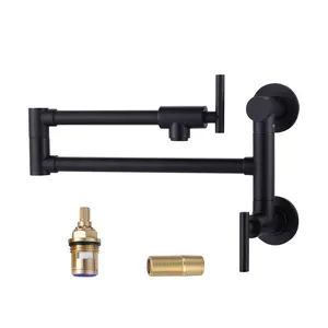 WOWOW Modern Solid Brass Single Hole Wall Mount Folding Pot Filler Faucet - Over Stove Double Swing Arms Design, Black Finish, Smooth Water Flow
