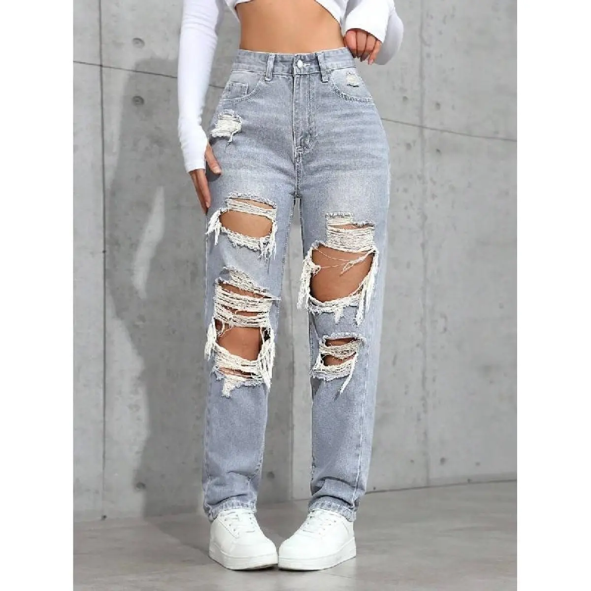 Women's Acid Washed Denim Jeans - Loose Straight Fit, Ripped Design, Pockets, Button-Zipper Closure, Cotton-Viscose Blend Fabric, Streetwear Pants, All-Seasons Casual Jean Pant for Ladies, Ripped Jeans, Streetwear Jeans