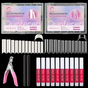 480PCS Extra Long C Curve Nail Tips and Glue, 2 Packs Natural and Clear Acrylic for Nails Professional Set, 12 Sizes Artificial Straight Square French False Nail Tips