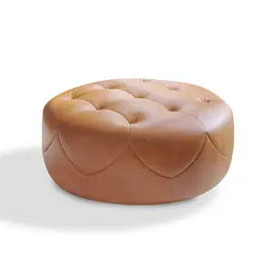Valencia Brandy Round Full Leather Ottoman, Cognac color