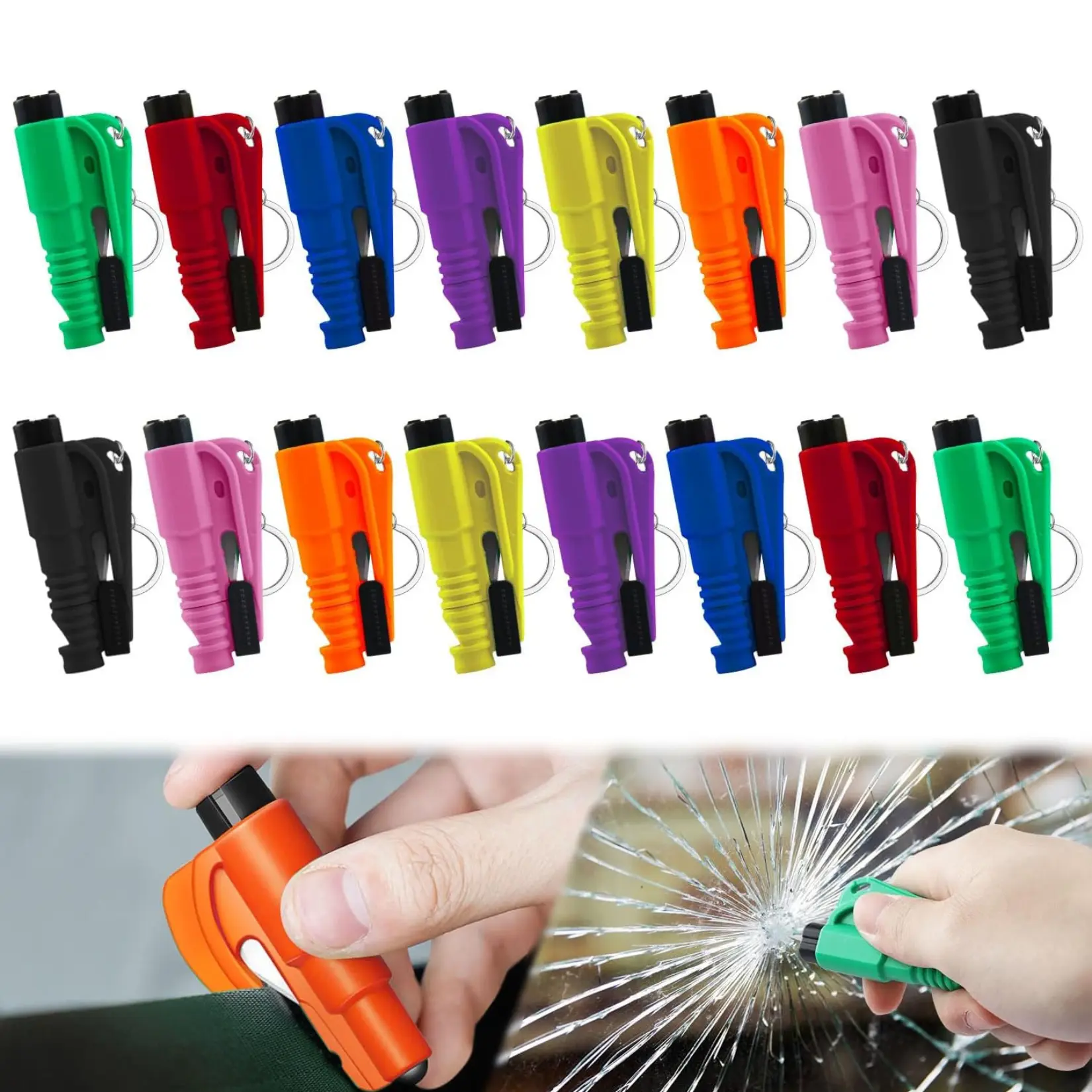 16Pcs Car Window Breaker Key Chains, Portable 3 in 1 Glass Breaker/Seat Belt Cutter/Survival Whistle, Multifunctional Car Accessories for All Vehicles