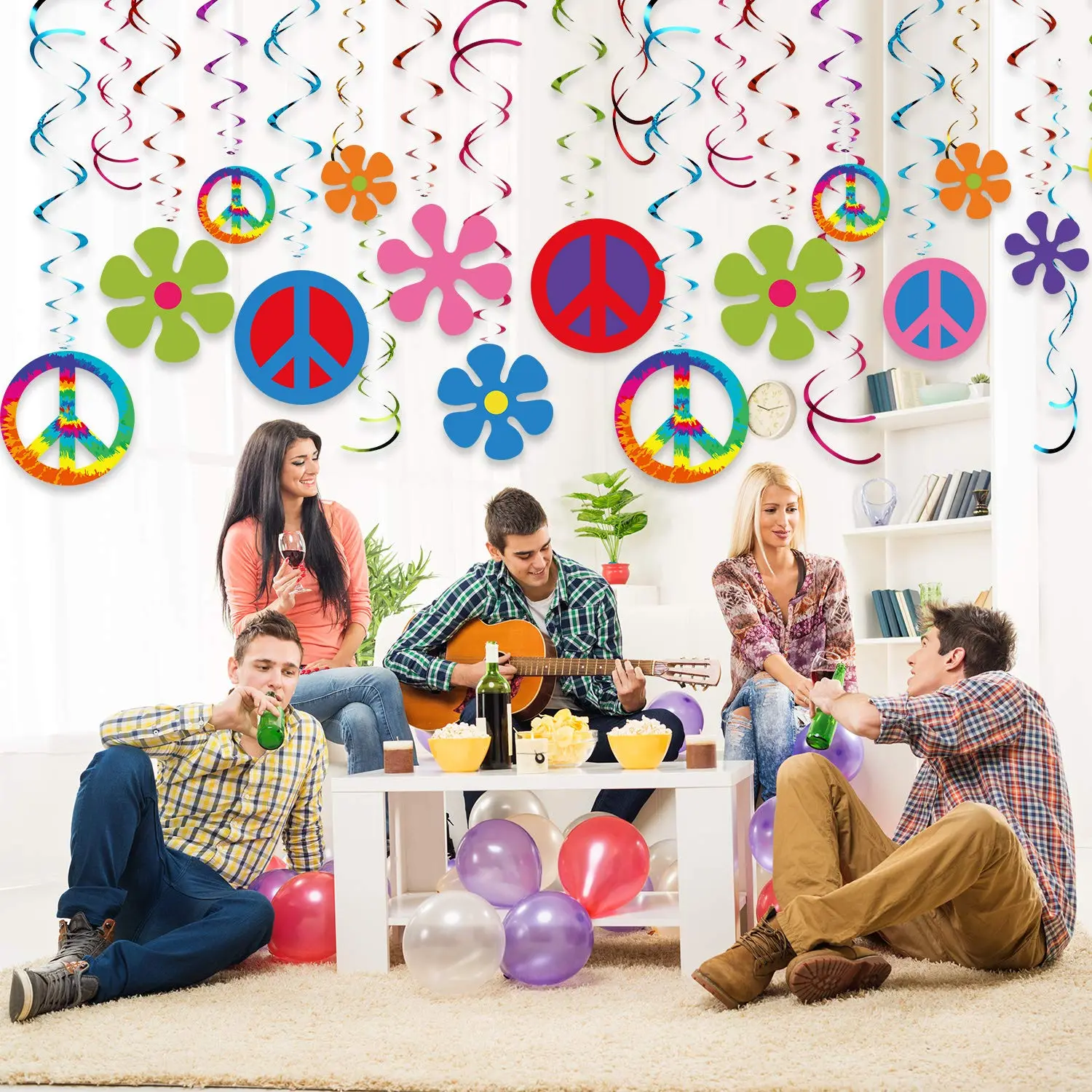 60s Hippie Theme Party Foil Swirl Decorations, Peace Sign, Flower Cutouts, 30 Count Supplies