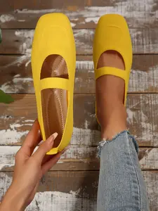 Women's Solid Color Knit Slip On Flats Square Toe Mary Jane Shoes, Low Heel Flat Casual Footwear, Comfortable Daily Wear, Elegant Design