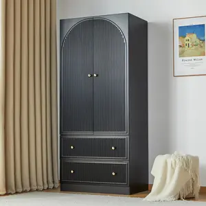 Giratree Furniture Modern Black Freestanding Armoire Wardrobe Closet with 2 Doors and 2 Storage Drawers, Large Capacity Wooden Wardrobe for Bedroom, Living Room, or Apartment