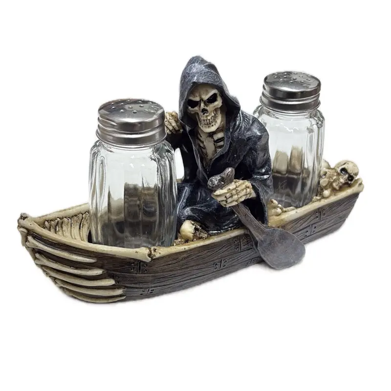Santa Muerte Grim Reaper Boat Salt & Pepper Shaker Set Unique Gothic Kitchen Decorative Skeleton Figurine