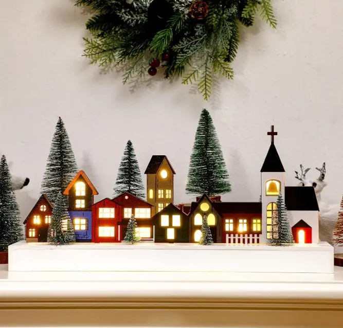 Christmas Decorations for Home LED Lighted Christmas Village Decor Rustic Wooden Merry Christmas Signs Farmhouse Tabletop Block, 16.5 x 8.3 x 3 Inch