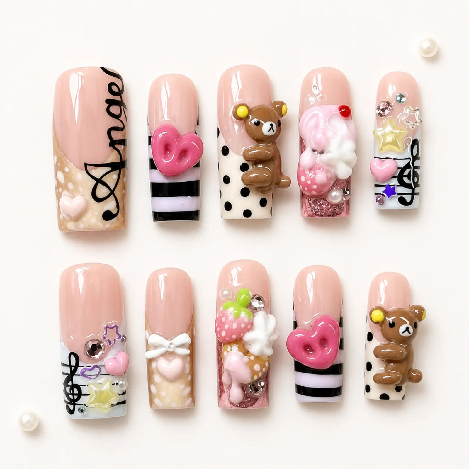 Cute Teddy Dessert Press On Nails, Sweet Candy Heart Design, 3D Bear Charm, Music Note Accent, Handmade Kawaii French Nail Set