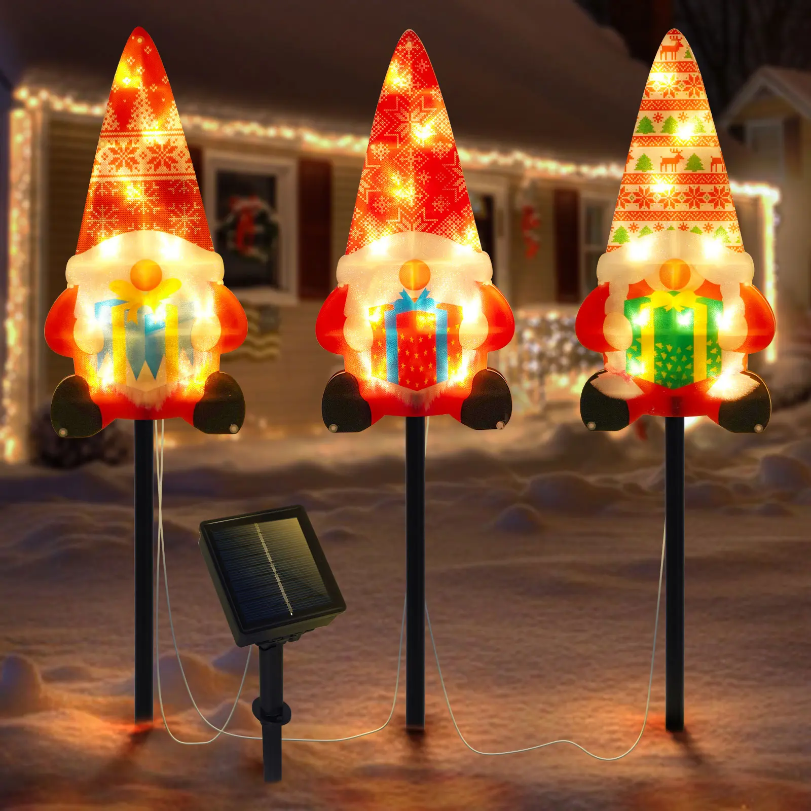 Solar Christmas Gnome Decorations, 8 Modes Solar Pathway Christmas Stakes Lights, Set of 3 Outdoor Christmas Lights Decor for Garden, Yard, Porch