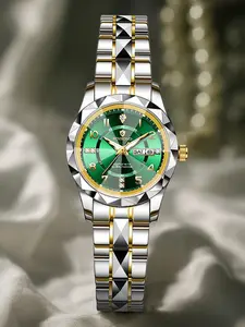 A ladies' room gold steel strip 3D diamond mirror couple business Korean version leisure style weekly calendar night light waterproof quartz watch Modern Fashionable Wristwatch