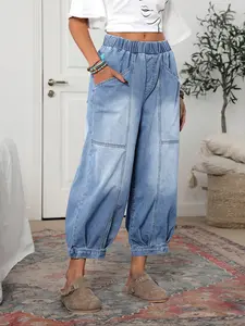 Women's Plaid Loose-Fit Woven Denim Jeans Pants, Casual All-Seasons Comfortable Design, Perfect for Everyday Wear & Outdoor Activities