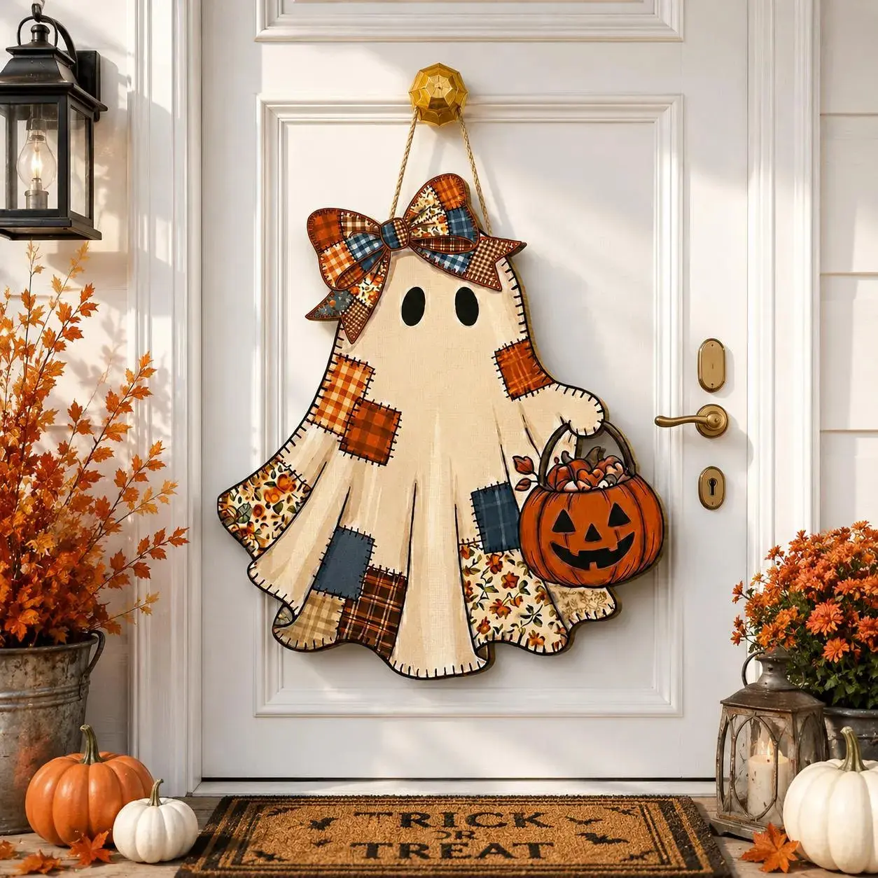 Patchwork Ghost Halloween Wreath, Cute Pumpkin Trick or Treat Door Sign, Rustic Fall Front Door Hanger, Farmhouse Halloween Decor