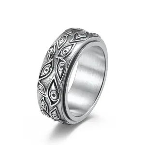 Stainless Steel Evil Eye Spinner Ring Demon Eye Rotating Fidget Ring Anxiety Relief Vintage Titanium Steel Jewelry for Men