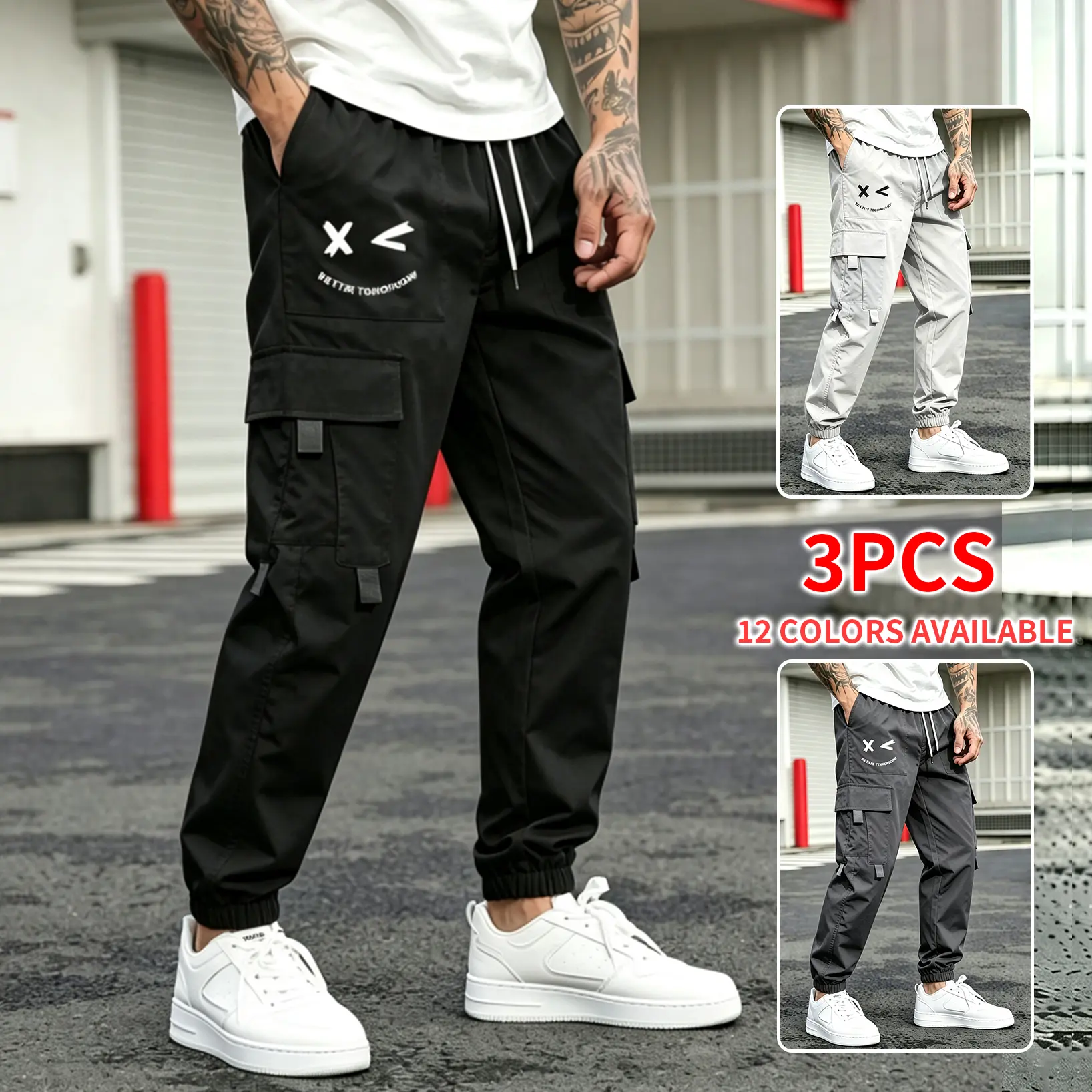3 PCS Men’s Graphic Print Cargo Jogger Pants, Multiple Pockets, Drawstring Waist, Streetwear, Ankle Cuffed Jogging Trousers Colors（includes single piece option） side