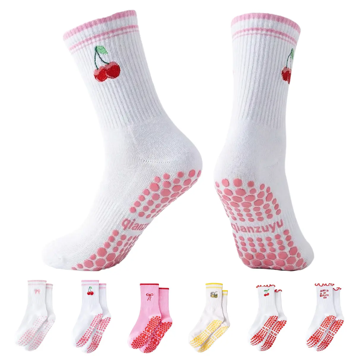 Pilates Grip Socks for Women, Cute Embroidered Yoga Grippy Socks | Non Slip, Cotton, Crew Athletic Sticky Sock for Barre Workout  Home, Women's US 5-10