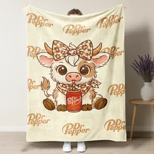 Dr Pepper Highland Cow with Leopard Bow Cartoon Cute Pattern Blanket,Soft Warm Throw Blanket, Air-conditioned Room Blanket, Warm Nap Blanket for Home Office Travel Camping