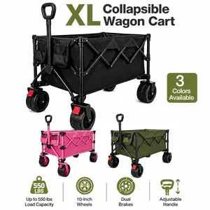 Upgraded Oversized Folding Wagon with 10 Inch Big Wheels and Front Foot Brakes, 550 lb Capacity Utility Pull Cart with 90 Degree Adjustable Telescopic Handle, Removable Bottom Board for Beach, Camping, Garden and Grocery Wheelbarrow
