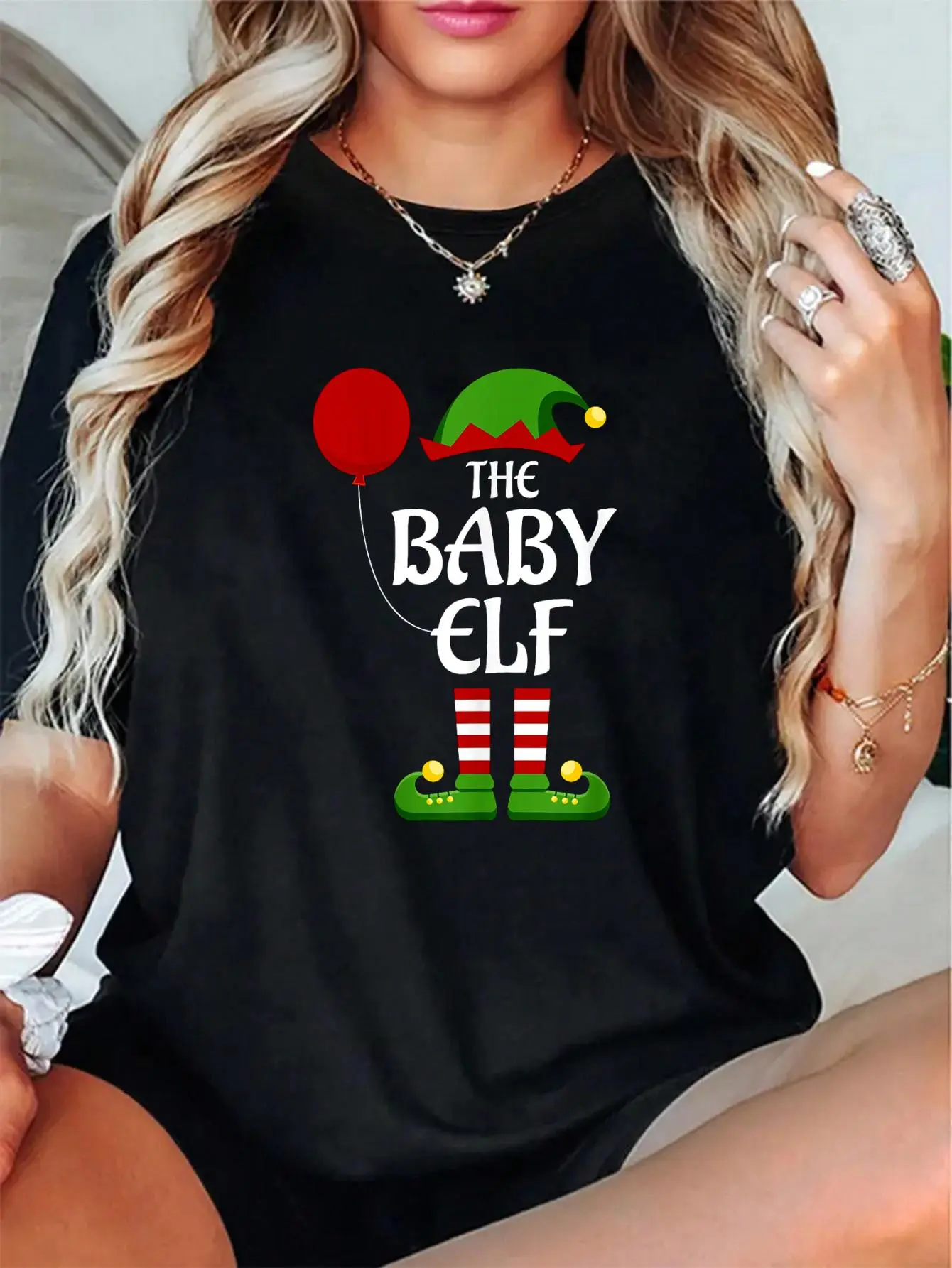 Women's Relaxed Fit T-Shirt with Christmas Elf Digital Print - Breathable 100% Cotton Casual Style Top for Holiday Parties, Cute, Everyday, Short, Tee, Vibe, All Seasons, Crew Neck, Check Size Chart, Graphic, Soft, Loose-Fitting, Love, Party