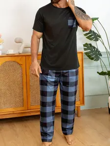 Men's Plaid Pajama Set, Summer Short Sleeve Round Neck Loose Long Pants, Comfortable Home Wear, Ideal for Relaxing at Home