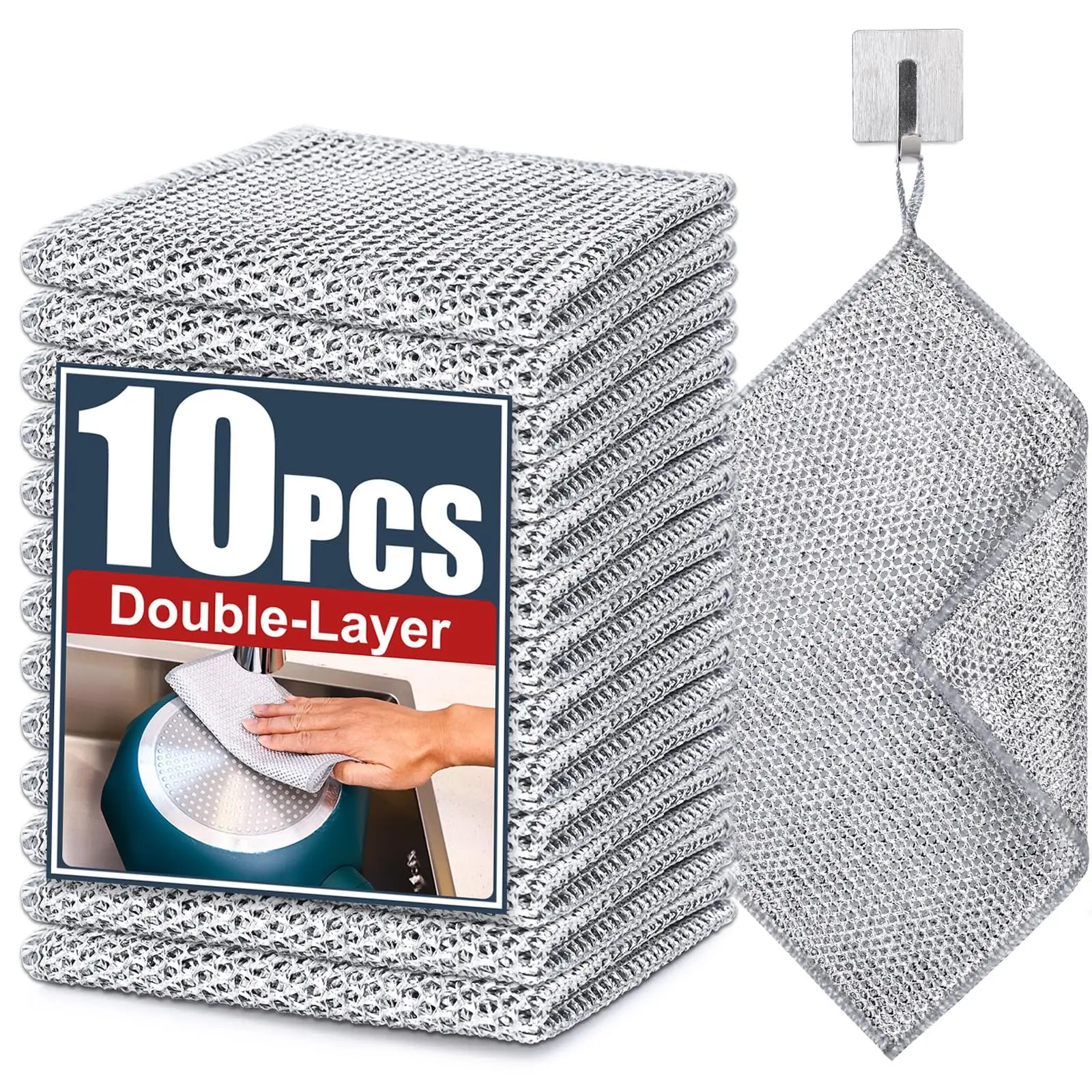 Double-Layer Steel Wire Cleaning Cloth - Non-Scratch Wire Dishcloth Rag Heavy Duty Scrub Pads Multi-Purpose Silver Mesh Scouring Pads for Dishes, Pots, Pans (10 pcs)