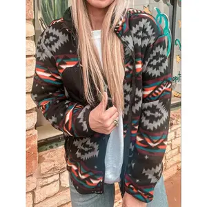 Women's Ethnic Pattern Zip Up Funnel Neck Jacket, Casual Long Sleeve Pocket Outerwear for Winter, Ladies Clothes for Daily Wear