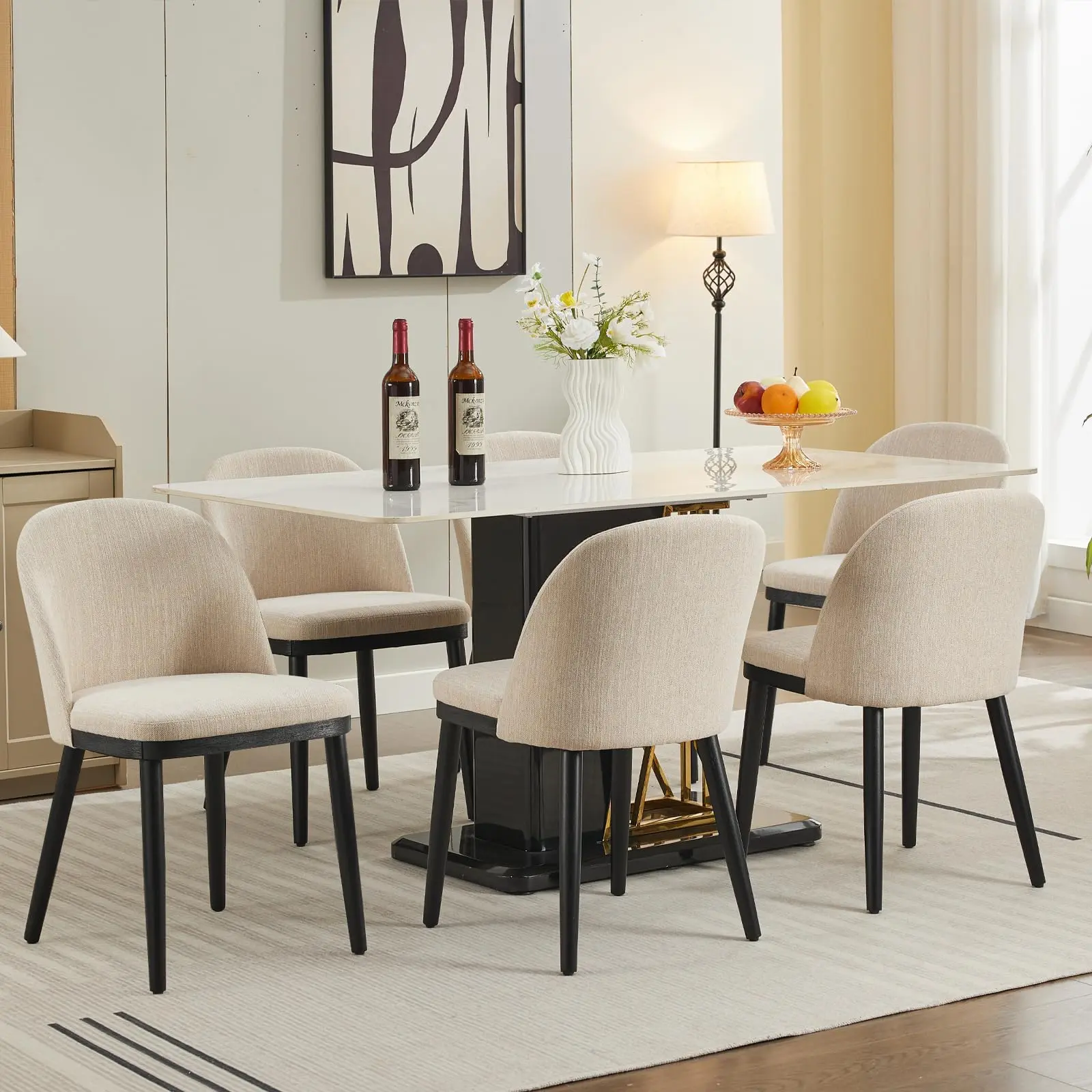 Garvee Wooden Dining Chairs Set of 6,Upholstered Kitchen Dining Room Chairs with Curved Backrest and Wood Leg,Modern Fabric Farmhouse Dinner Chair for Restaurant/Cafe,Beige