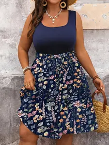 Plus Size Floral Patchwork Dress, Summer Women's Casual Boho Bohemian Vacation Dress, Country Style Party Dress, Beach Dress for Ladies