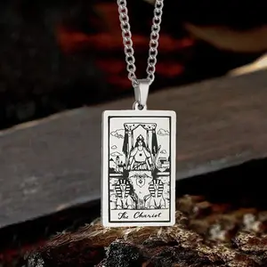GTHIC Unisex The Chariot Tarot Card Necklace Stainless Steel Square Card Pendant for Daily Wear