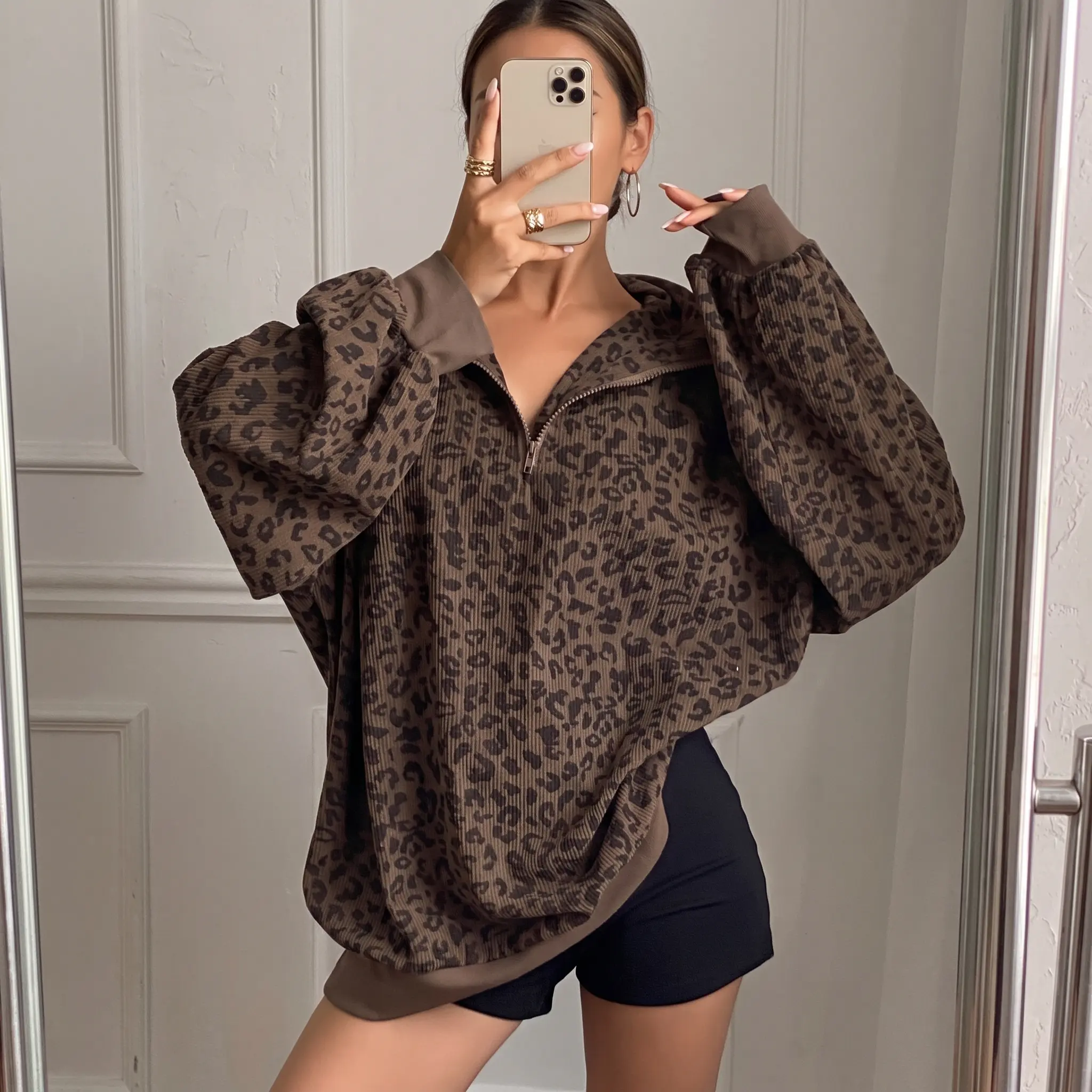 Women's Chic Corduroy Sweatshirt, Retro Leopard Print Oversized Half-Zip Pullover with Drop Shoulders, Aesthetic, Hoodie, Necklace, Vibe, Baggy, Statement, Sleeve, Ribbed, Breathable, Tops