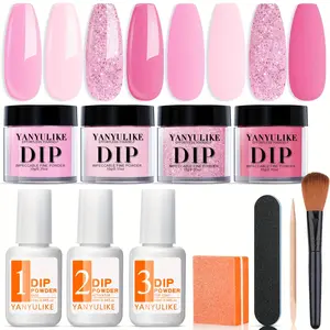 Dip Powder Nail Kit Starter, 4 Colors Light Hot Pink Glitter Dipping Powder Essential Liquid Set with Base Top Coat Activator French Nail Art Beginner Manicure Salon Mother'S Day Gift
