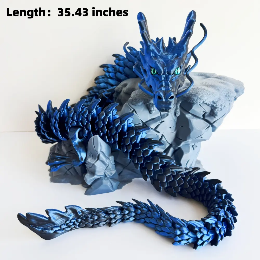 35.43 in Glam 3D Printed Black-Blue Thermoplastic Lucky Dragon Collectible Doll, Plain Boxed Home Decor Statue, Display Piece for Room Atmosphere, Halloween & Birthday Gifts