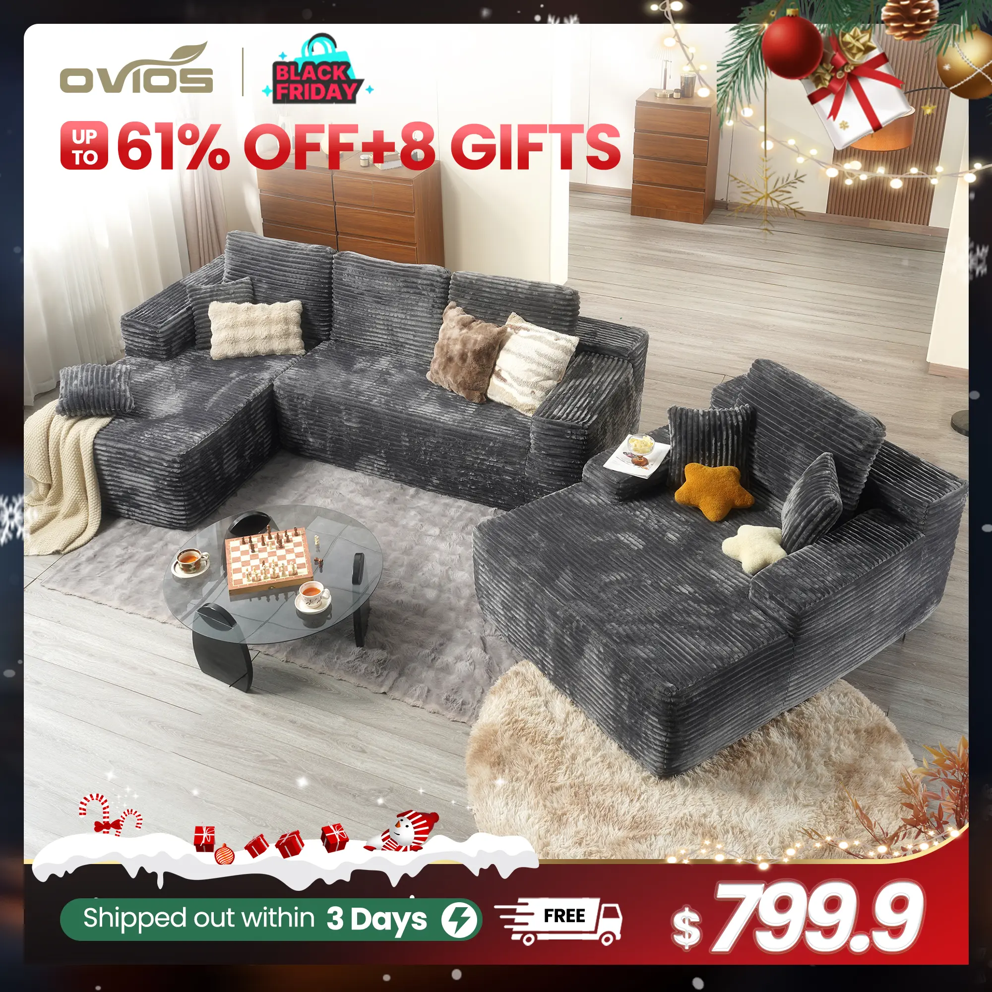 104" Modular Couch with Chaise and 49'' Boneless Chaise Lounge - L-Shaped Sectional Sofa Set with Flexible Configuration, Plush Corduroy Cloud Velvet Fabric,No Assembly Required, 5 Seater