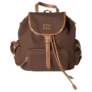 MIU MIU Logo Gold Hardware Canvas Leather Backpack Women Brown
