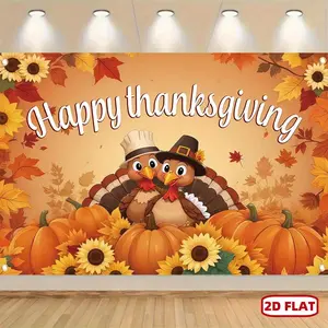 1pc 2D Flat Happy Thanksgiving Polyester Banner - Turkey, Maple Leaf, Pumpkin Design - Bright, Durable, Easy-to-Hang Ornament - Party Decoration Supplies for Autumn Holiday Home Wall Hanging Backdrop