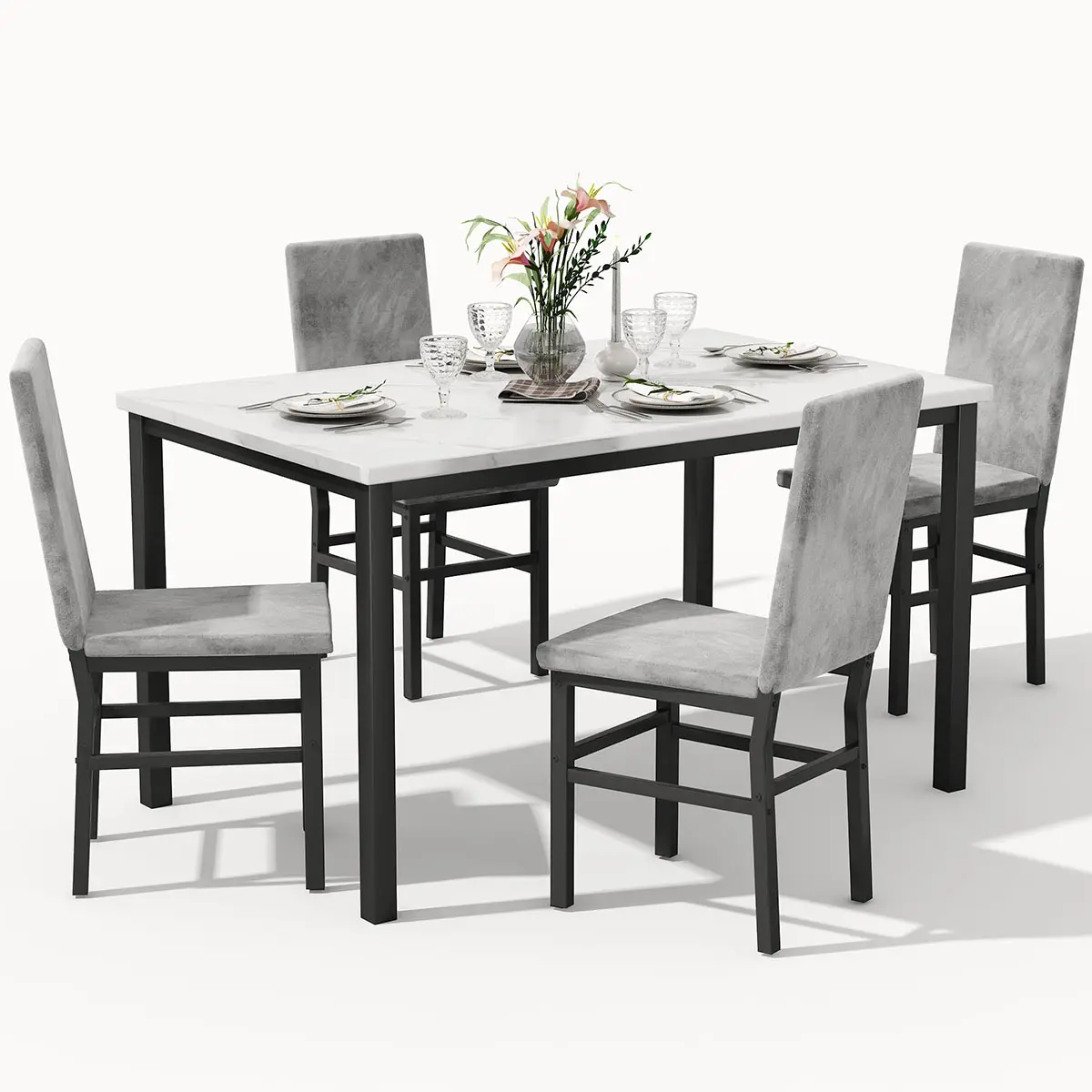 Dining Table Set for 4, 5-Piece Faux Marble Dining Set,4 Upholstered PU Chairs, Modern Kitchen Table Furniture for Dining Room,Compact Space-Saving Faux Marble Tabletop (White + Grey)