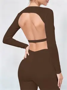Women's long-sleeved sports T-shirt, sexy open-back high-elastic sports long sleeves, comfortable and fashionable fitness top, Gym Tops, Athletic Yoga Tops, suitable for yoga and fitness exercises, Sport Activewear