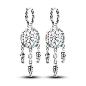 MULA Dangle Earrings - Silver-Plated Dreamcatcher Costume Jewelry for Women, featuring Cubic Zirconia Gemstones, Feather Motif, and Religious Symbol Design