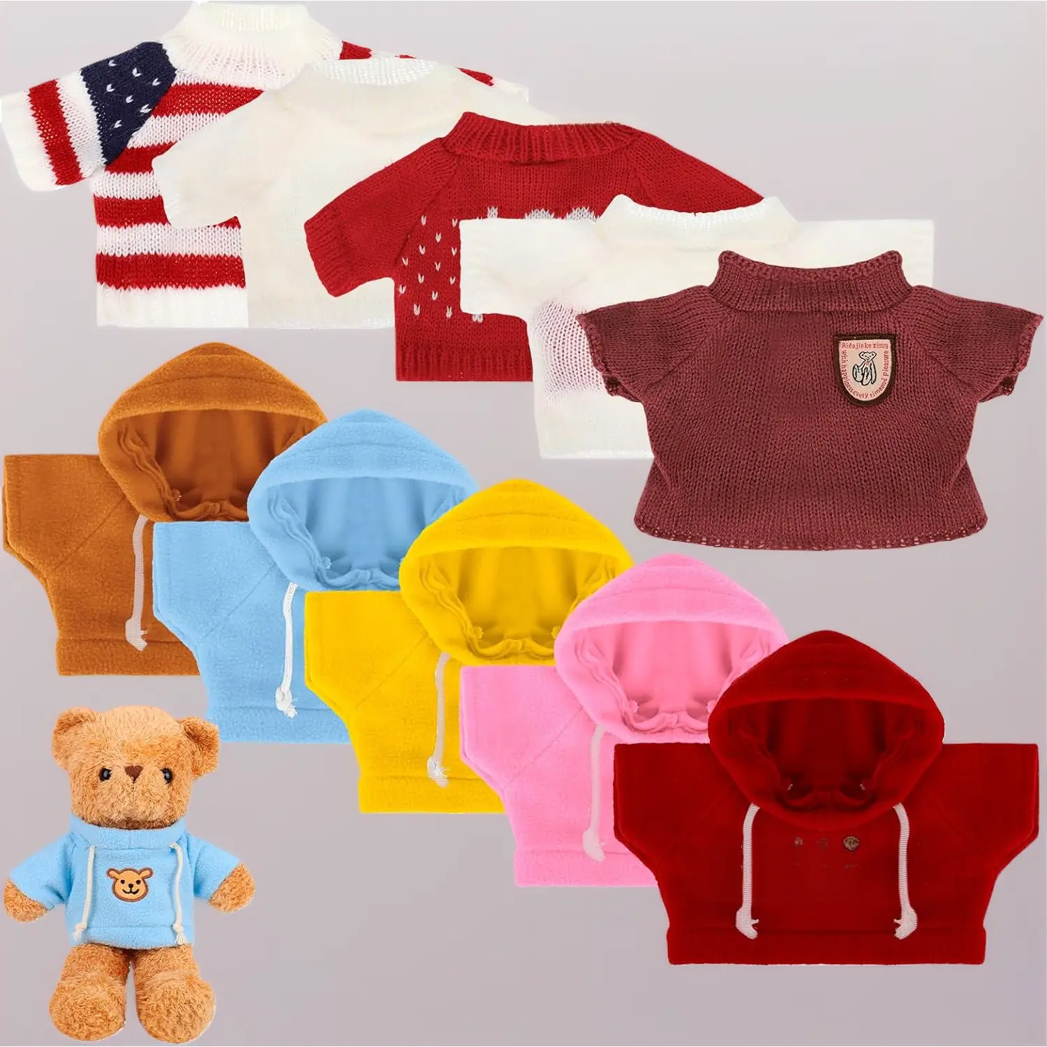 10-Pcs Cute Kawaii Bear Clothing Kit, Hoodie-Sweater-Tee Set with Glasses & Hat, DIY Toy Accessories for 14-18 Inch Plush Bears (Phone Straps & Charms Compatible)