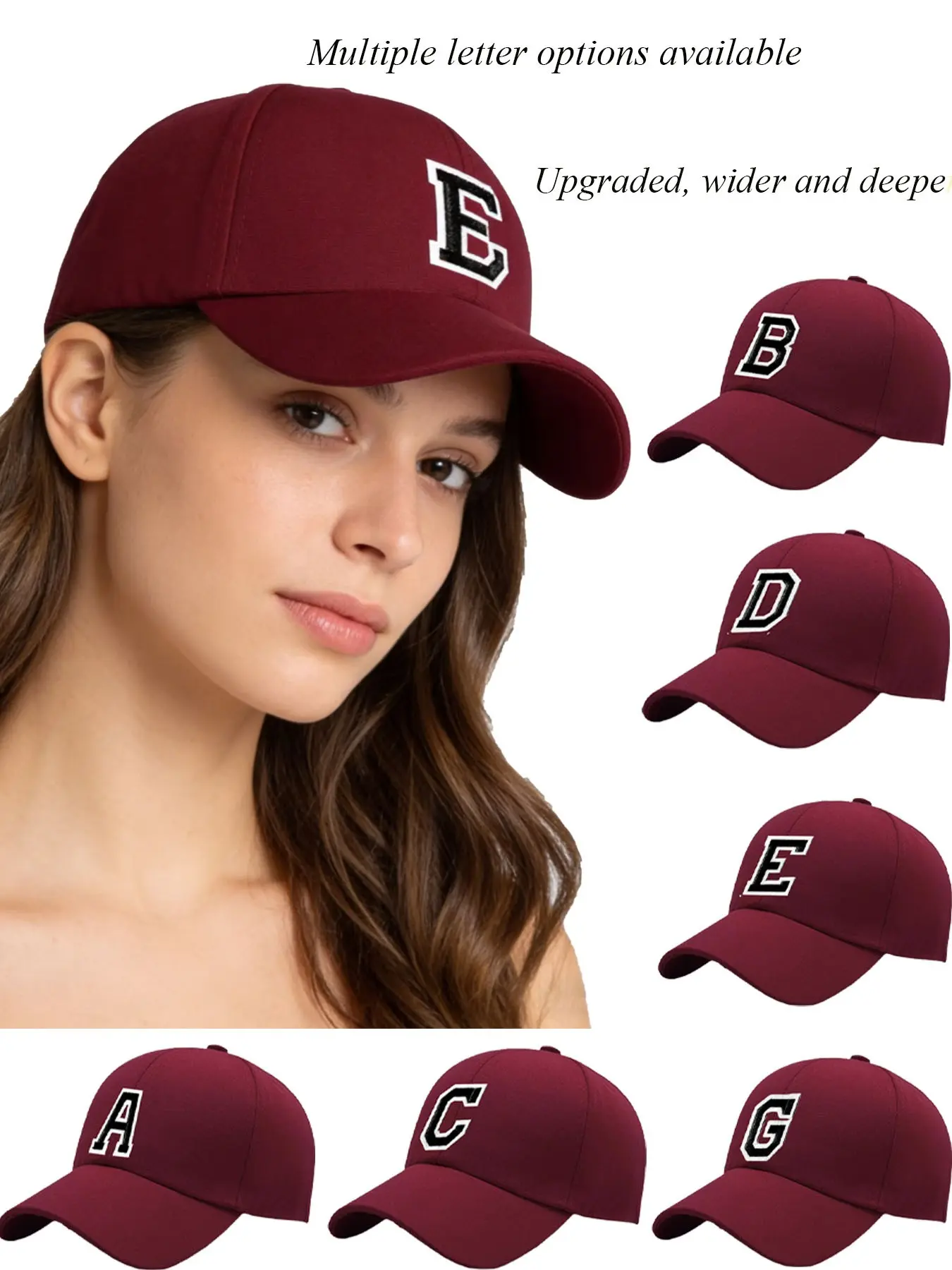 Wide & deep black-letter burgundy baseball cap Adjustable Snapback Snug Fit for women (autumn style) casual, sporty, versatile, Casual trendy hat, Sun Protection hat, Also available in men's style, customizable, Unisex
