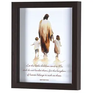 360 Stand MDF Photo Frame - Walnut Wood Framed Art Print (FRMWDWAL-810-25), "Let The Little Children Come" Heaven-Themed Home Decor with Glass, Shadow Box Design, Mdf Picture Frame