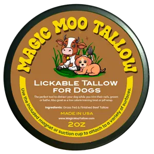 Boopie's Magic Moo Lickable Tallow for Dogs. Great for grooming, trimming nails and as a reward for doing good.
